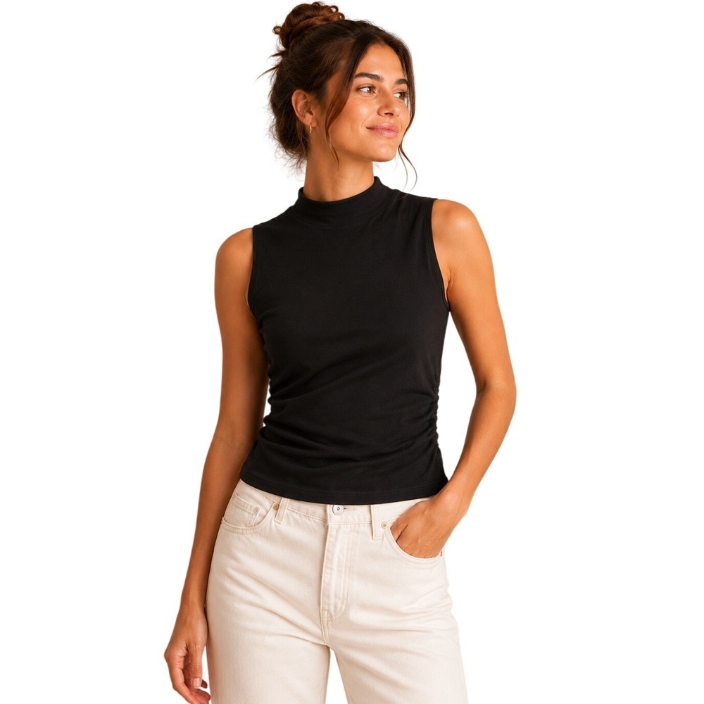 Quince Top Women XS Black Stretch Cotton Jersey Sleeveless Mock Neck Ruched NWT